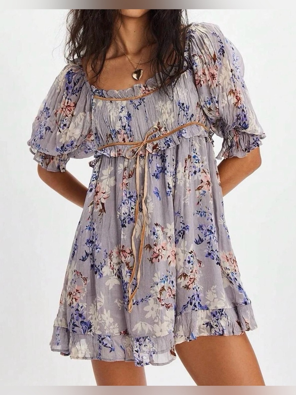 Free People Boho Floral Babydoll Mini Dress XS Lavender Cottagecore Romantic